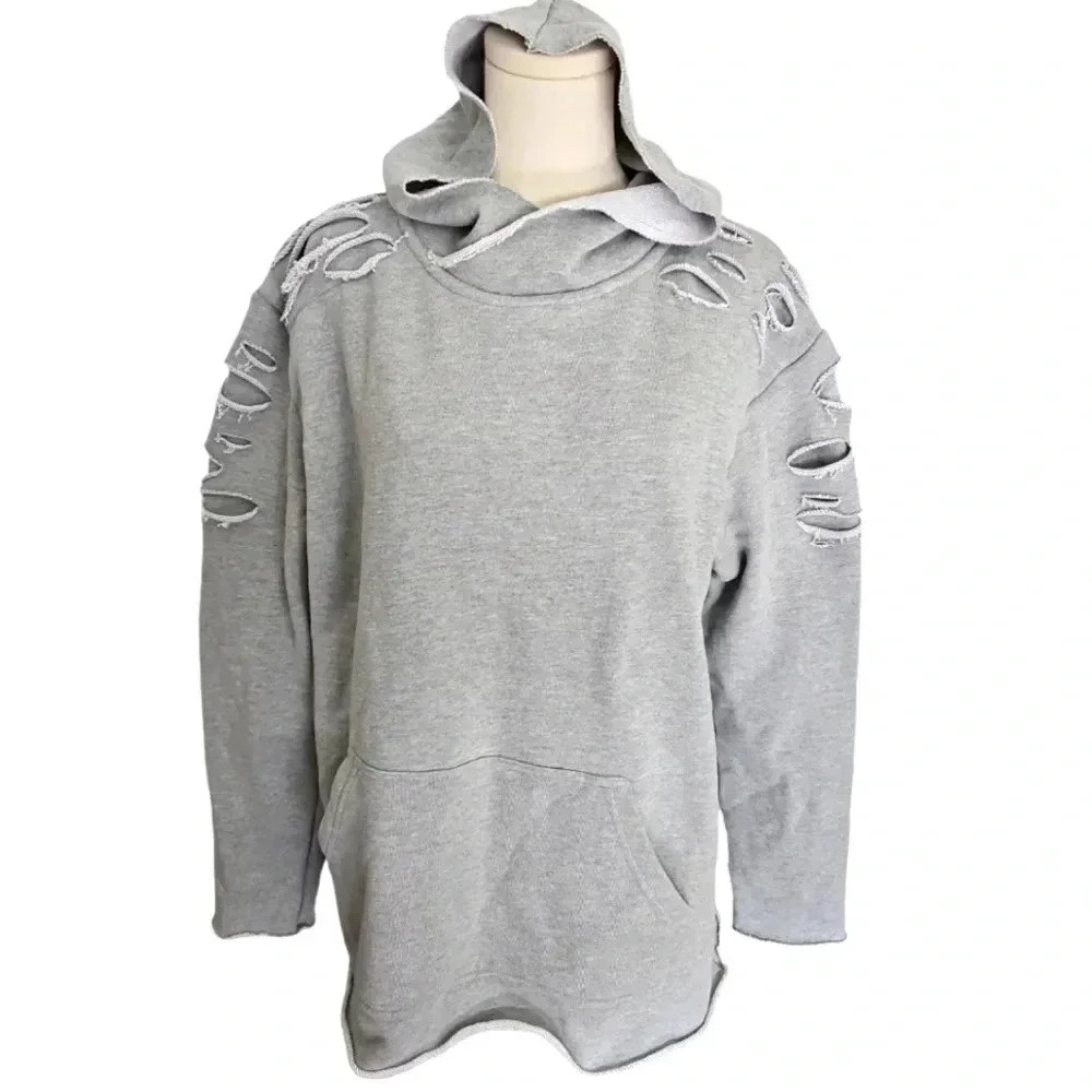 Russell Park Hoodie Sweatshirt Distressed Gray Rolled Hem 100% Cotton Gray Med